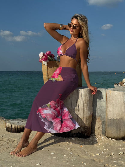 (4 days ready to ship) SY customized printing large floral three-piece set mesh long dress bikini