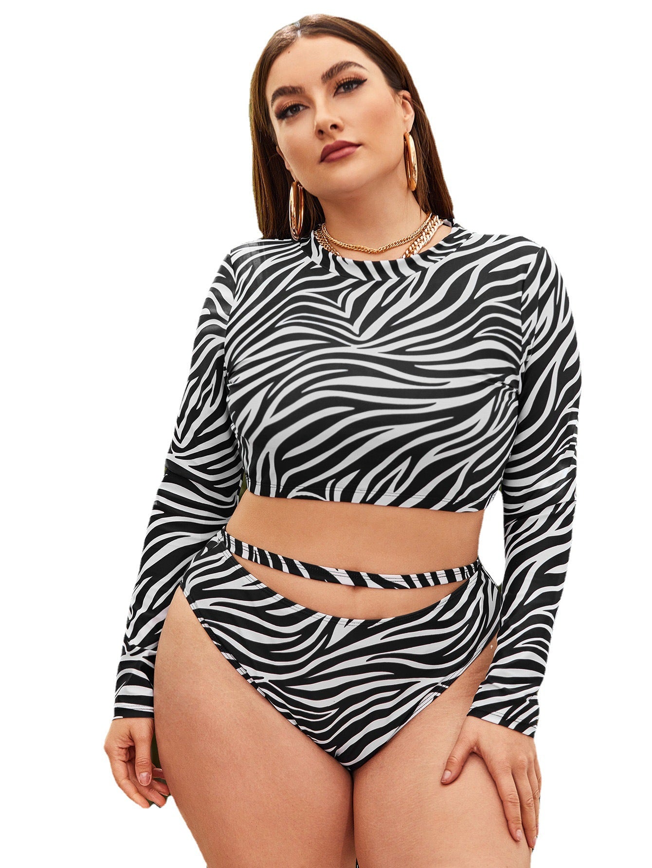 LF (L-4XL) swimsuit women's split long sleeve large size printed Conservative