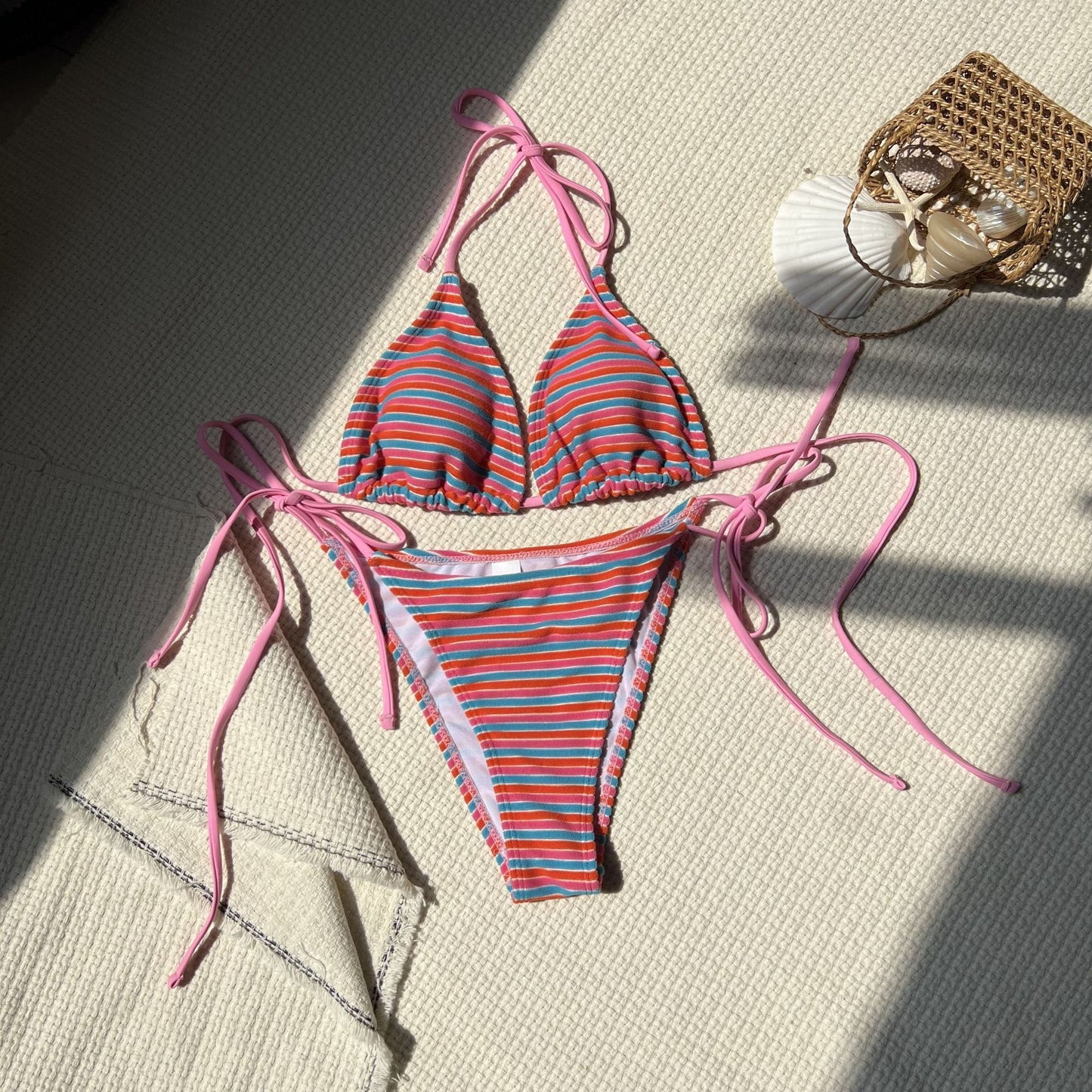 (4 days ready to ship) SY stripe towel cloth fresh split bikini
