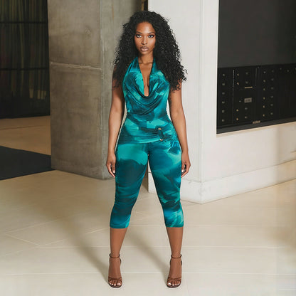 DZHT J26ST138 mesh lace-up backless halter spaghetti straps tight cropped pants two-piece suit