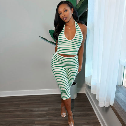 DZHT D26ST277 striped printed halterneck vest top high waist tight cropped pants two-piece set