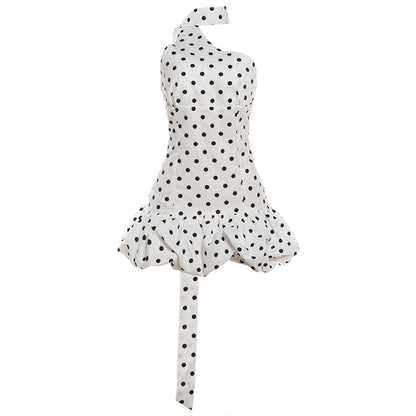 DLS summer polka dot print ribbon waist-tight sheath dress