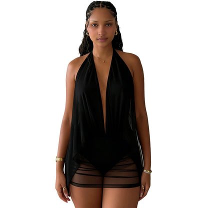 SXR K6D01882A deep V halter backless hip-wrapped short mesh dress