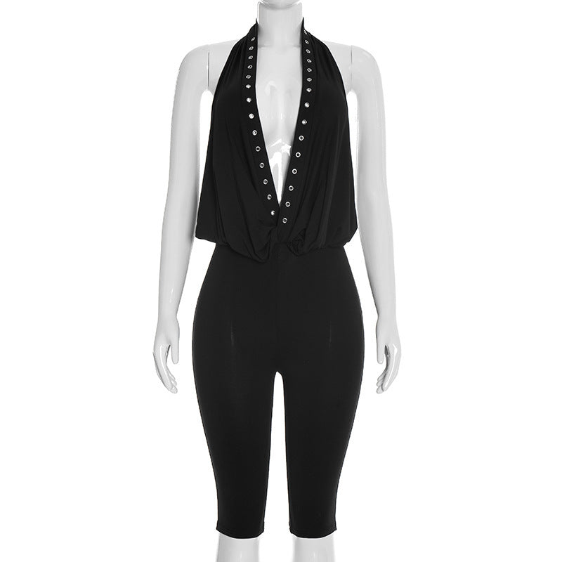 DZHT J26JP015 spring rivet halter backless cropped jumpsuit