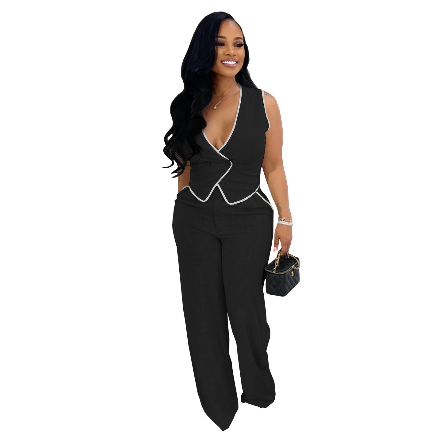 XYZ C7402 casual V-neck button top trousers two-piece set