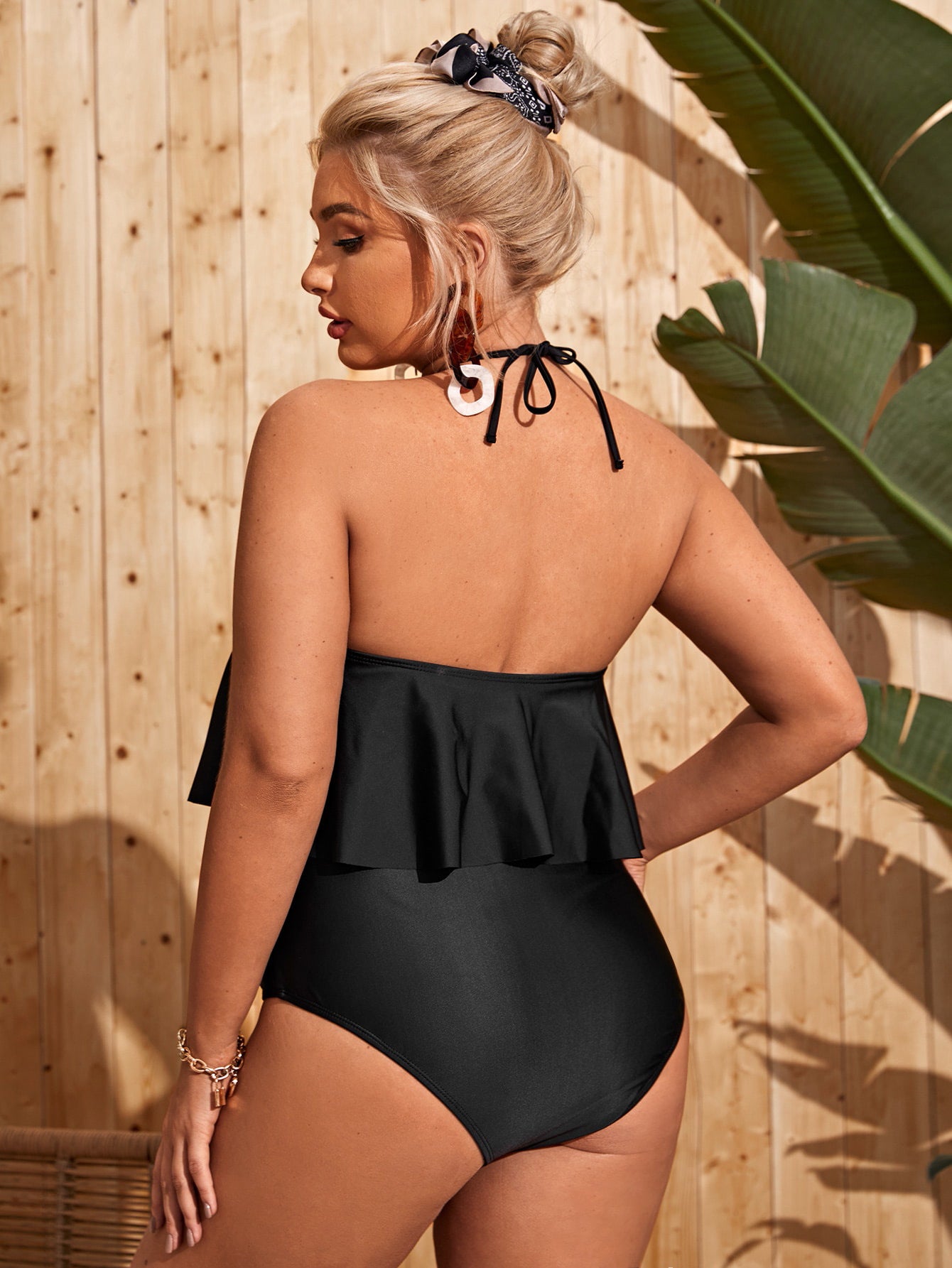 LF (L-4XL) women's one-piece black solid color sexy swimsuit plus size