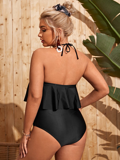 LF (L-4XL) women's one-piece black solid color sexy swimsuit plus size