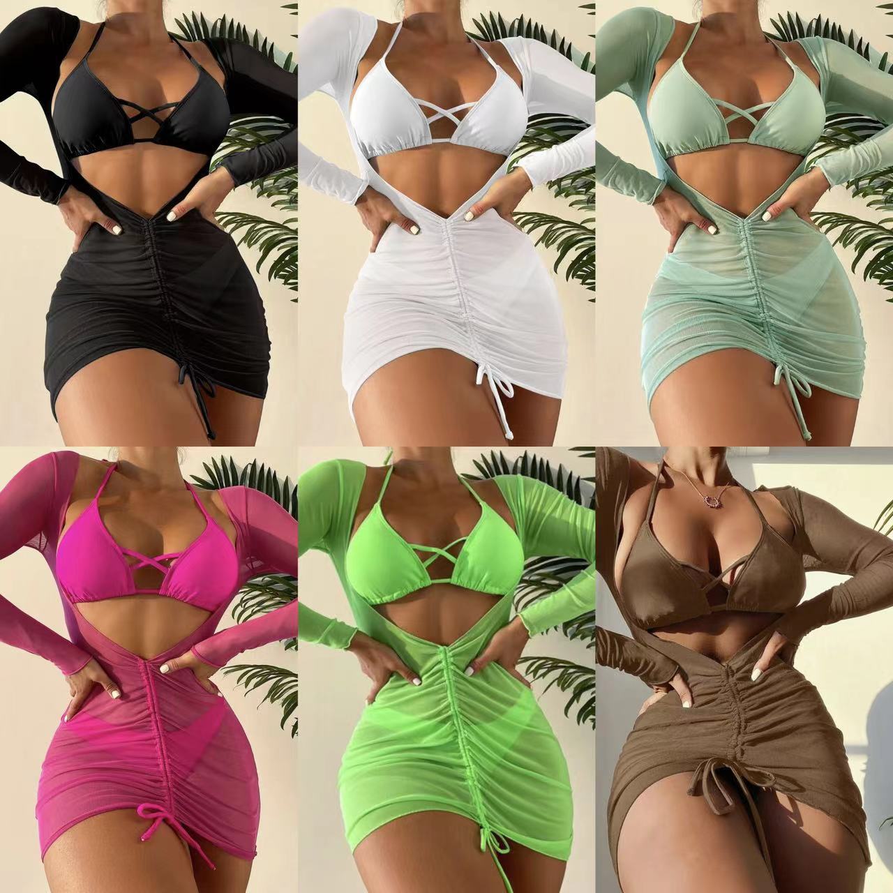 (4 days ready to ship) SY three-piece set long gauzy skirt binding rope banded bikini