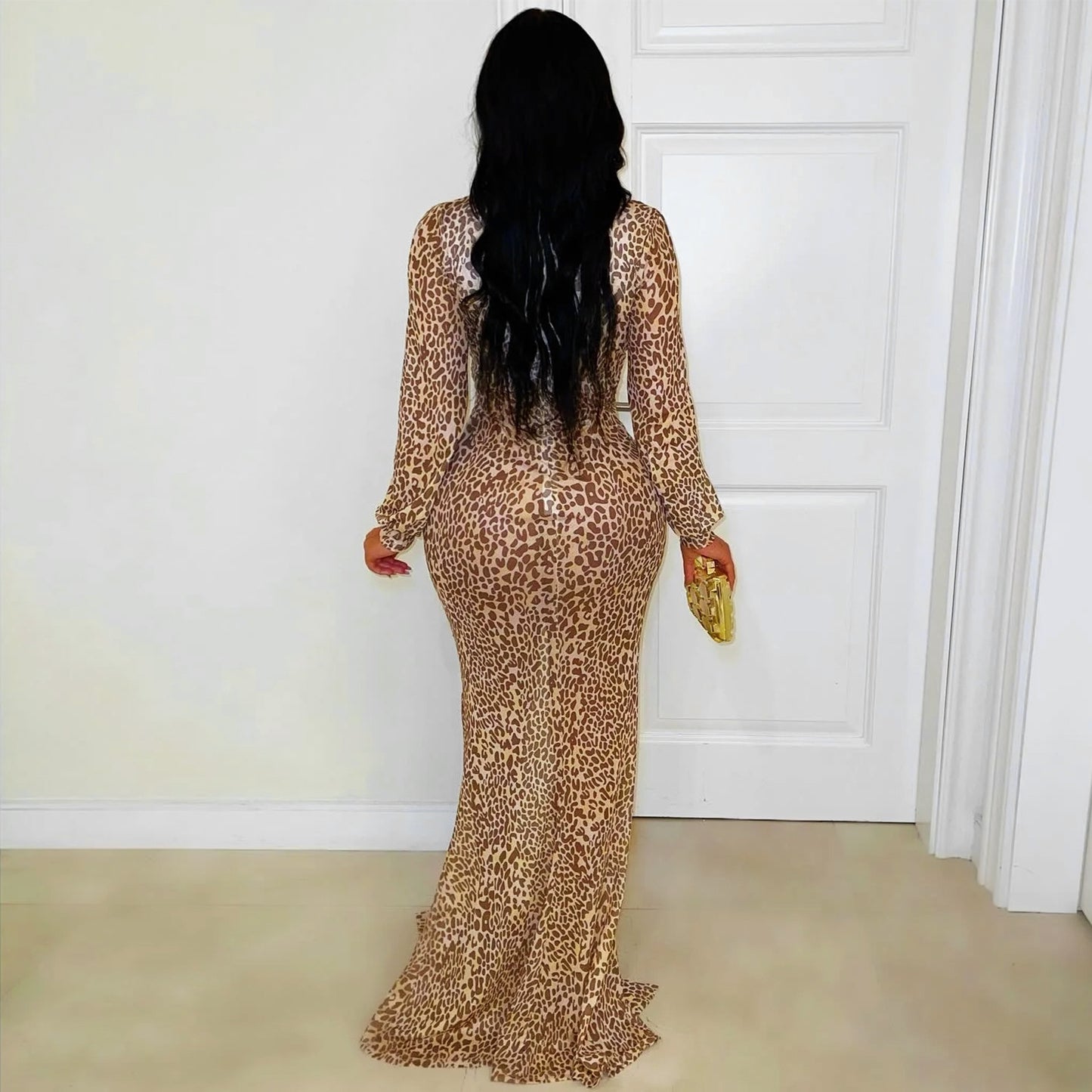XYZ C7571 deep V leopard print split arm covering dress