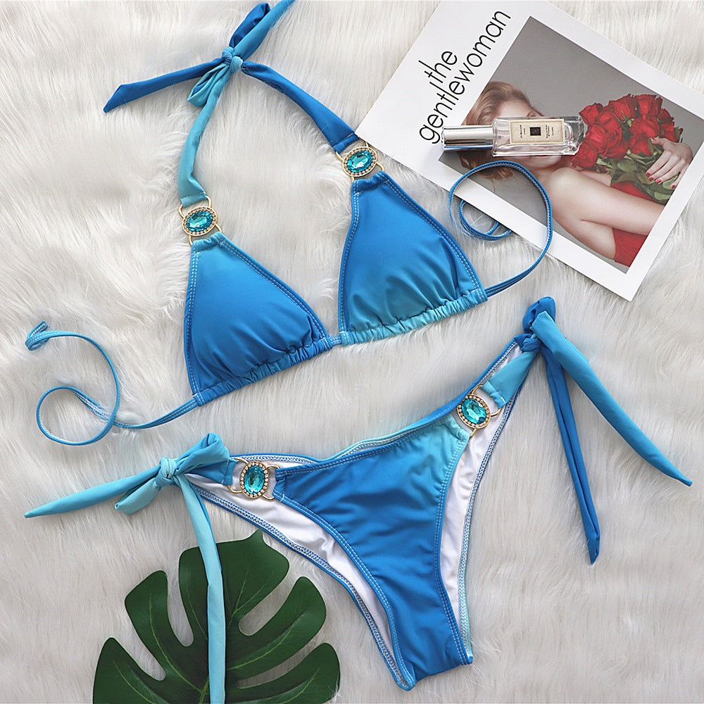 Bikini sexy gradient printing strap luxury crystal diamond