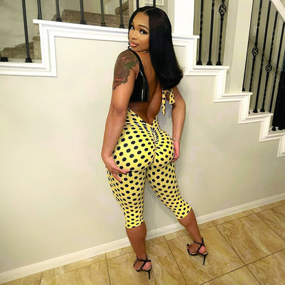 DZHT J26JP114 spring/summer backless halter lace-up polka dots printed one-piece cropped pants