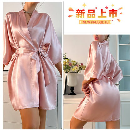 DNL emulation silk nightgown pajamas loose cardigan lace bathrobe women