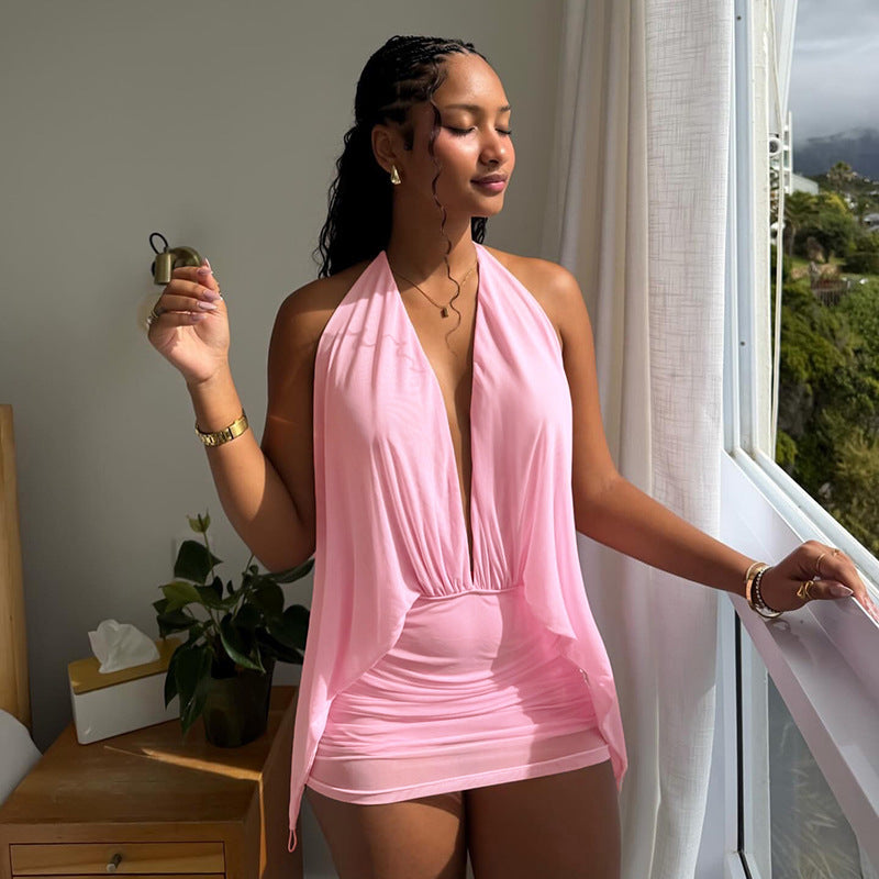 DZHT D26DS041 spring fake two-piece mesh halter bare back dress