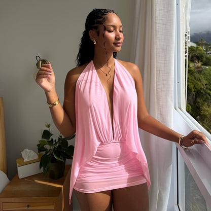 DZHT D26DS041 spring fake two-piece mesh halter bare back dress