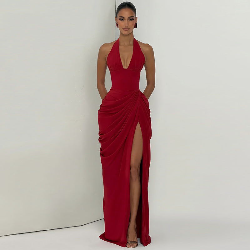 DLS summer halter backless pleated high slit sheath dress