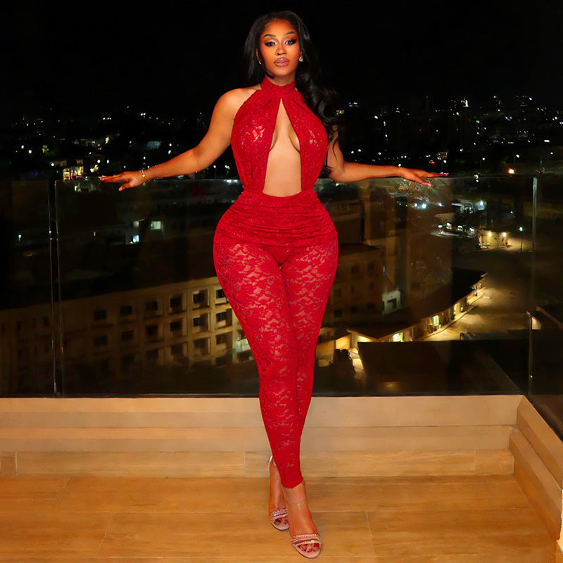 DZHT J26JP039 see-through backless hollow out lace jumpsuit