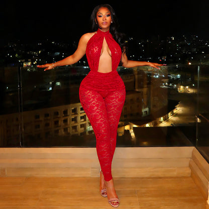 DZHT J26JP039 see-through backless hollow out lace jumpsuit