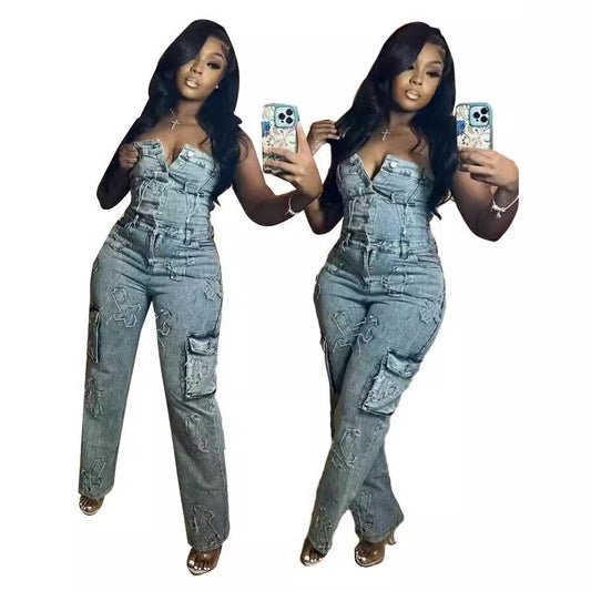MZ (S-2XL) tube top embroidered MZ88590 cross tube top stretch one-piece trousers