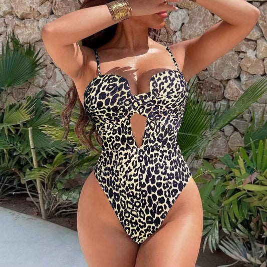 XM leopard print hollow shoulder strap one-piece swimsuit E36R