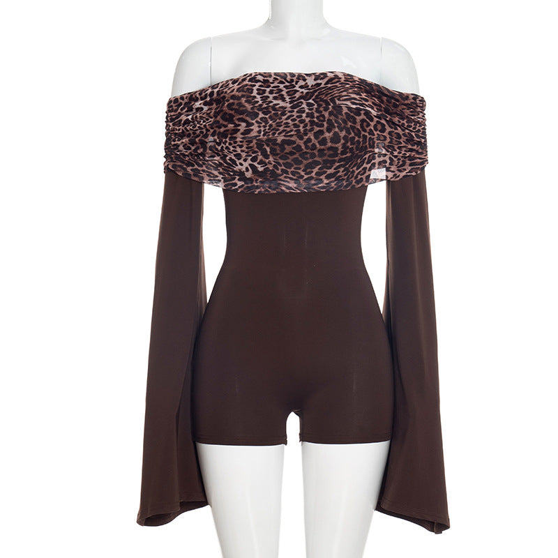 DZHT J25RP468 long sleeve off-shoulder leopard print off-shoulder shorts jumpsuit