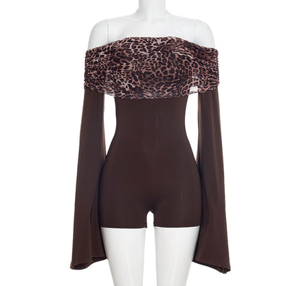 DZHT J25RP468 long sleeve off-shoulder leopard print off-shoulder shorts jumpsuit