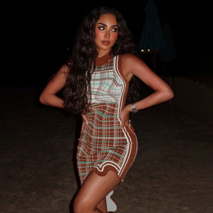 DLS summer Plaid wave hem tight sleeveless sheath dress