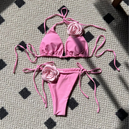 (4 days ready to ship) SY rose drawstring strap split bikini