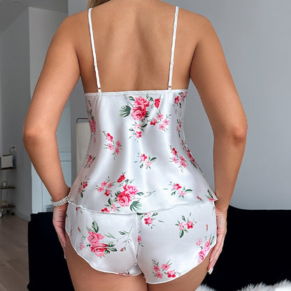 DNL printed Ice Silk pajamas set suspender shorts two-piece set