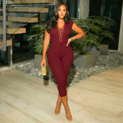DZHT J26JP095 tight short-sleeved lace-up jumpsuit