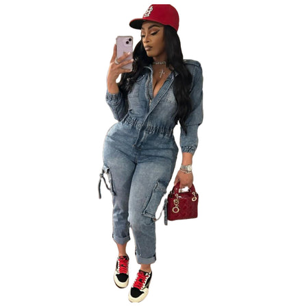 MZ (S-2XL) MZ88596 washed high elastic long sleeve one-piece trousers