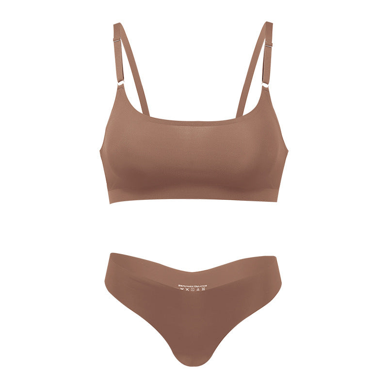 Seamless thin large size underwear set small breast size exaggerating bra T-shaped beauty back adjustable wireless bra