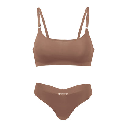 Seamless thin large size underwear set small breast size exaggerating bra T-shaped beauty back adjustable wireless bra