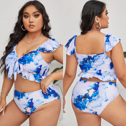 LF (L-4XL) women's split color printing swimsuit plus size