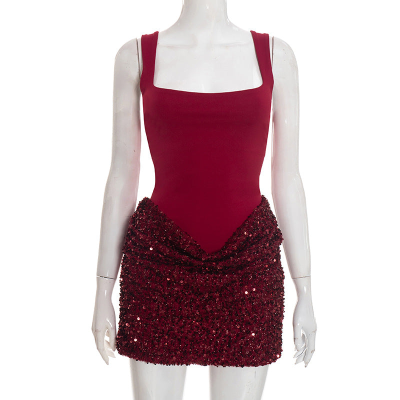 DZHT D25DS552 wine red hip-wrapped short sling stitching sequins dress