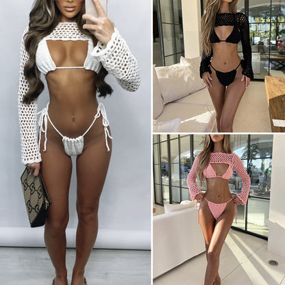 CYB beach hand crocheting woven lace-up long fringe bikini blouse set