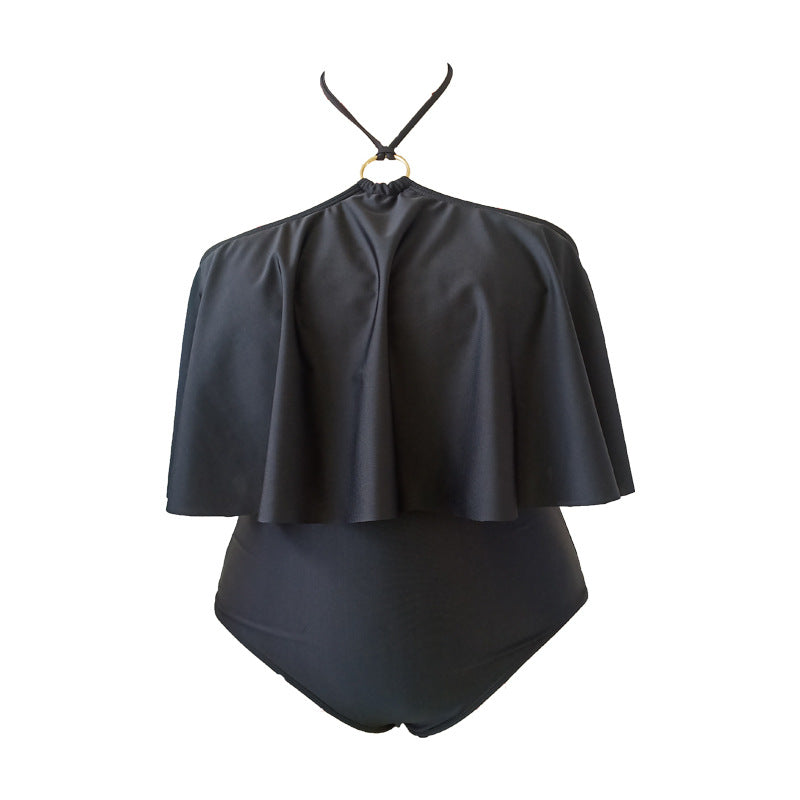 LF (L-4XL) women's one-piece black solid color sexy swimsuit plus size