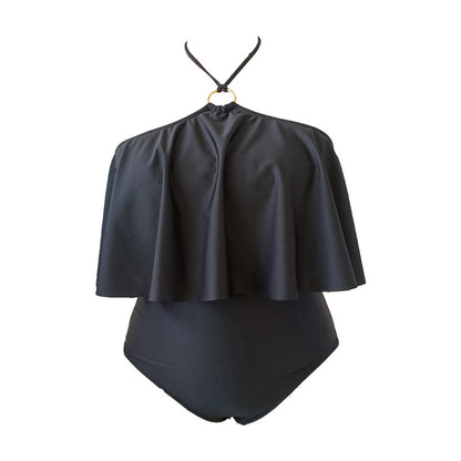LF (L-4XL) women's one-piece black solid color sexy swimsuit plus size