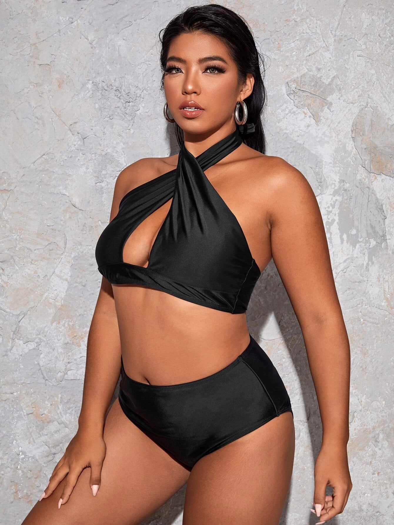LF (L-4XL) 2026 plus size black split swimsuit