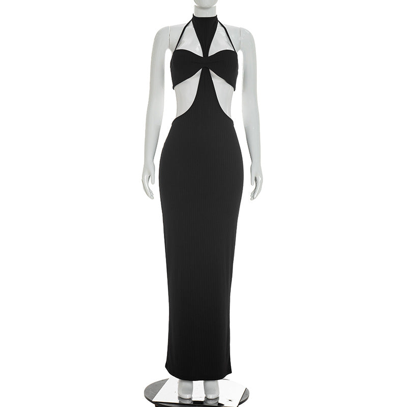 DZHT D26DS017 sleeveless sunken stripe cutout sling long dress