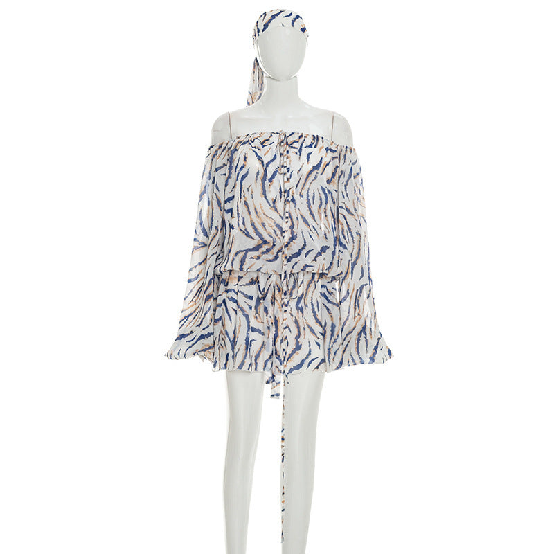 DZHT D26DS161 striped printed mesh hair band drawstring long lantern sleeve jumpsuit skirt