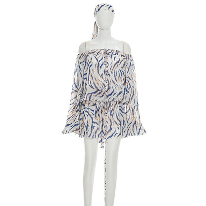 DZHT D26DS161 striped printed mesh hair band drawstring long lantern sleeve jumpsuit skirt