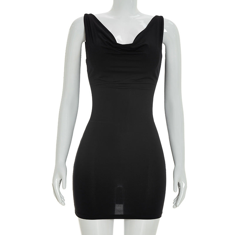 DZHT D25DS585 summer chain decoration bare back swing collar sleeveless dress