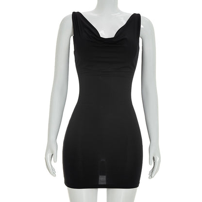 DZHT D25DS585 summer chain decoration bare back swing collar sleeveless dress