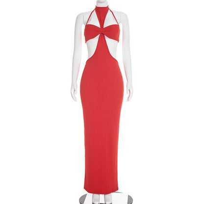 DZHT D26DS017 sleeveless sunken stripe cutout sling long dress
