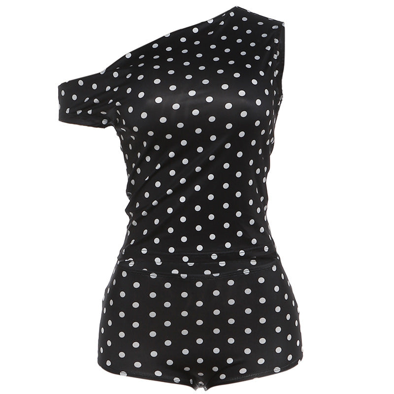 SXR spring polka dot print diagonal collar midriff-baring top sheath shorts suit