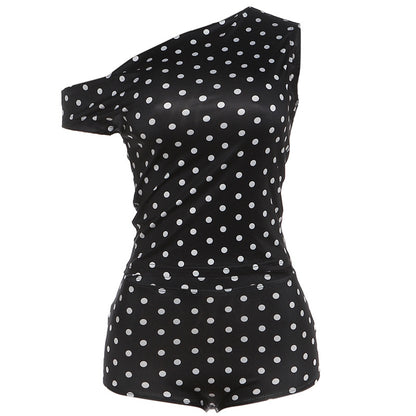 SXR spring polka dot print diagonal collar midriff-baring top sheath shorts suit