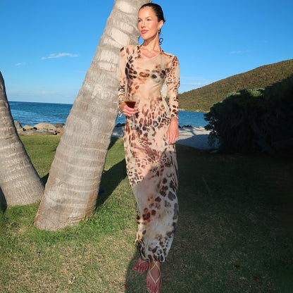 DLS summer long-sleeve round neck leopard print sheath dress