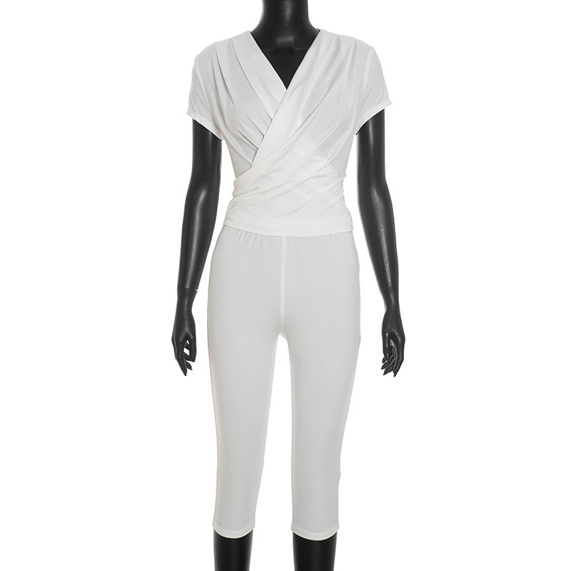 DZHT J26ST316 fall V-neck cross pleated wrap short sleeve cropped pants suit