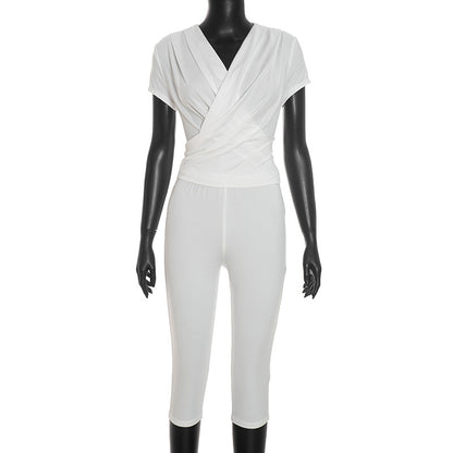DZHT J26ST316 fall V-neck cross pleated wrap short sleeve cropped pants suit