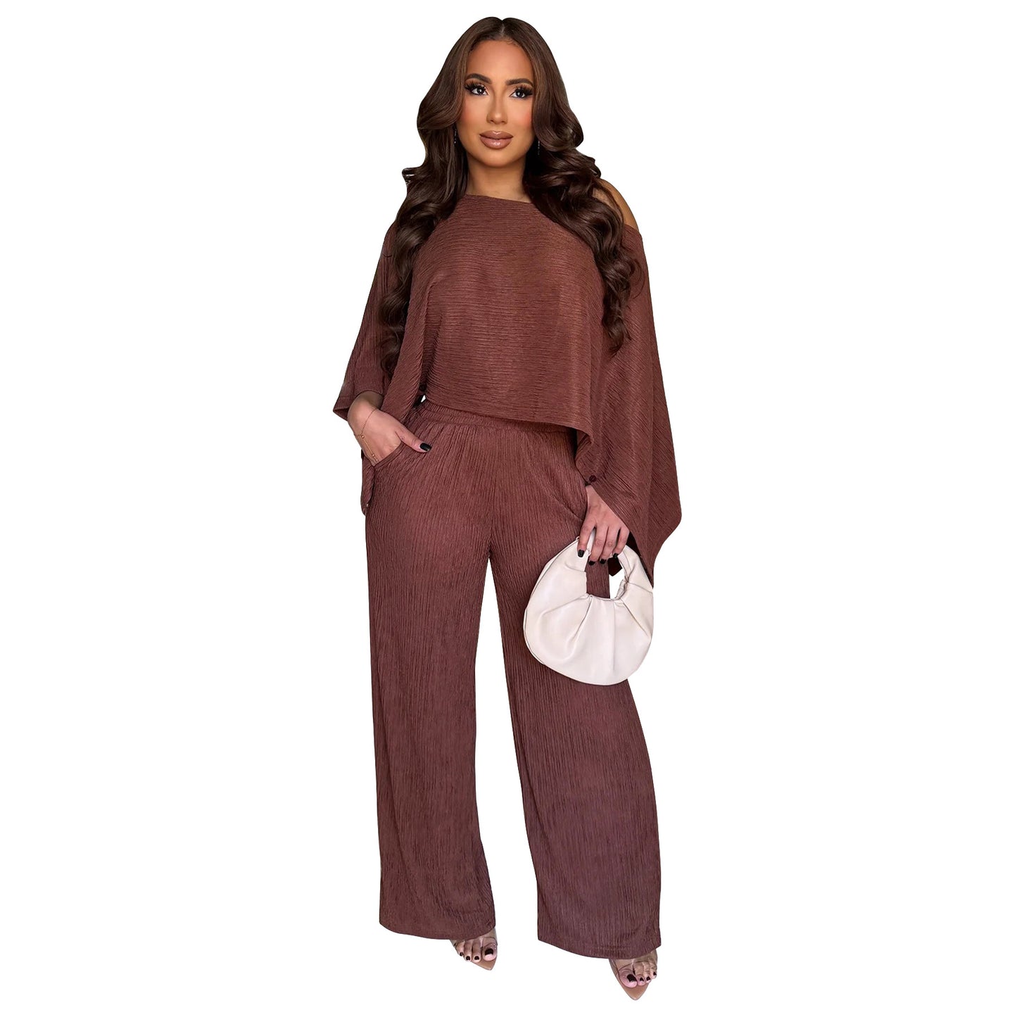 MYF (S-2XL) 10936 pleated oblique shoulder tops trousers casual suit
